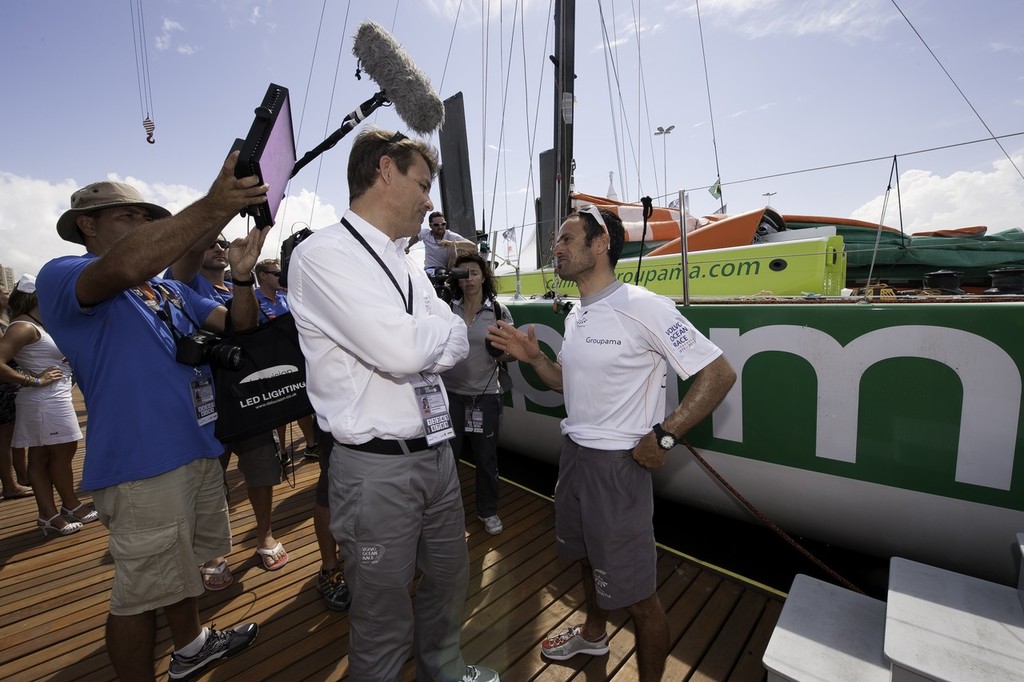 Groupama Sailing Team, skipper Franck Cammas from France, is interviewed with Volvo Ocean Race CEO, Knut Frostad, on the dock after finishing leg 5 of the Volvo Ocean Race 2011-12 © Paul Todd/Volvo Ocean Race http://www.volvooceanrace.com